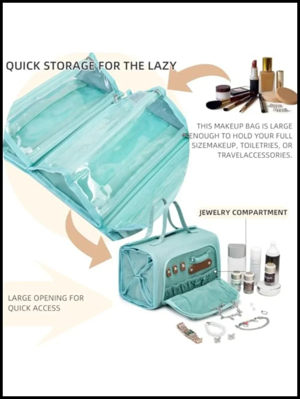 Roll Up Makeup Bag, Hanging Travel Toiletry Organizer with Clear Pouches,